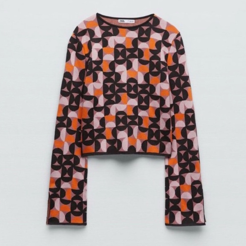 Zara Geometric Crewneck Sweater in Pink, Orange & Black
